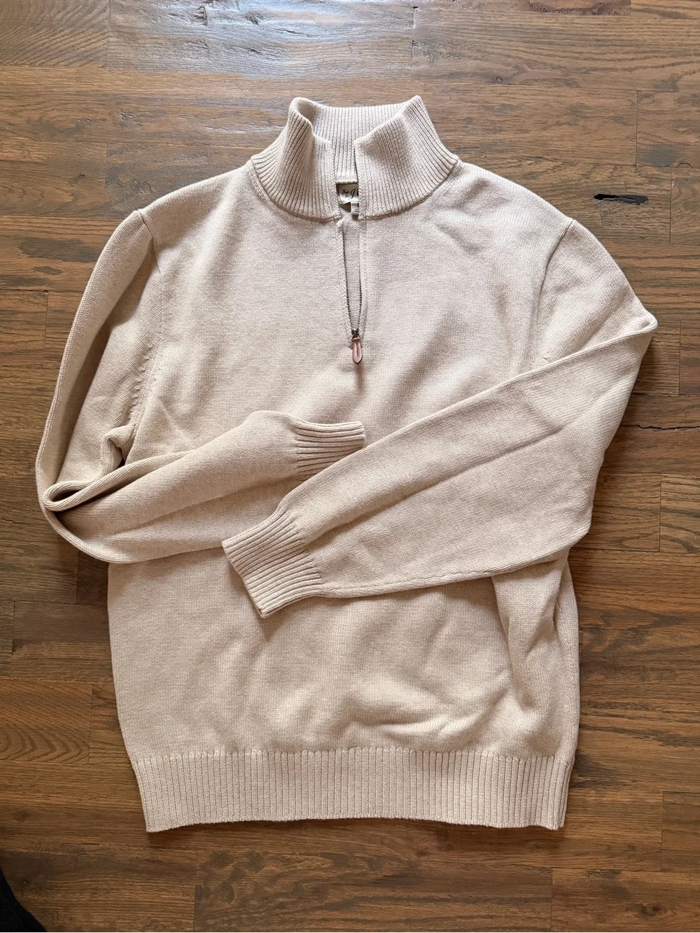 J. Crew Men's Beige Half-Zip Sweater with Leather Trim